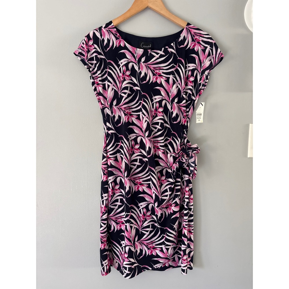 Connected Apparel Pink Navy Tropical Palm Sheath Faux Wrap Dress  Size 4